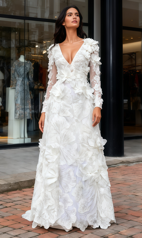 V Neck Floral White Long Sleeve A Line Prom Dress