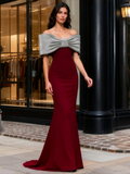 Off The Shoulder Burgundy Trumpet Mermaid Sequin Bow Prom Dress