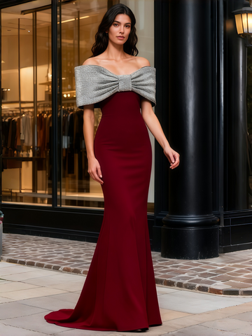 Off The Shoulder Burgundy Trumpet Mermaid Sequin Bow Prom Dress