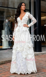 V Neck Floral White Long Sleeve A Line Prom Dress