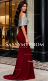 Off The Shoulder Burgundy Trumpet Mermaid Sequin Bow Prom Dress