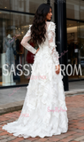 V Neck Floral White Long Sleeve A Line Prom Dress