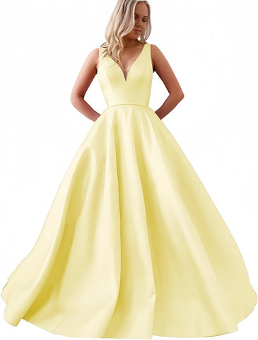 A Line V Neck Yellow Satin Prom Dress With Pockets