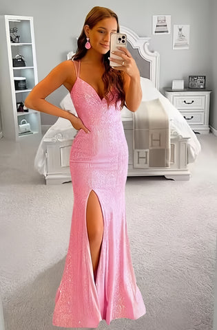 Baby Pink Sparkle Flare Sequin Mermaid Prom Dress