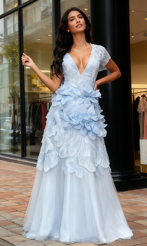 V Neck Tulle Flower A Line Short Sleeve Prom Dress