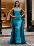 Trumpet Mermaid Satin Blue Cape Long Prom Dress