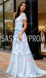 V Neck Tulle Flower A Line Short Sleeve Prom Dress