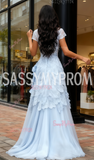 V Neck Tulle Flower A Line Short Sleeve Prom Dress