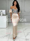 Lace Sheath Column Satin Puffy Sleeve Champagne Floral Prom Dress