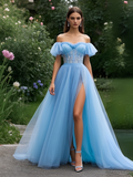 Off The Shoulder Pleats Blue Tulle A Line Prom Dress