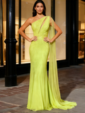 Tulle Beading Trumpet Mermaid Green One Shoulder Prom Dress With Slit