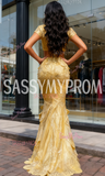 Trumpet Mermaid Two Piece Gold V Neck Flower Prom Dress