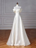 Draped Shoulders Satin A Line Wedding Dress