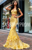 Trumpet Mermaid Two Piece Gold V Neck Flower Prom Dress