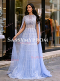 Cap Sleeves Tulle Sheat Column Blue Beading Prom Dress
