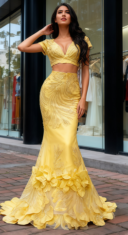 Trumpet Mermaid Two Piece Gold V Neck Flower Prom Dress