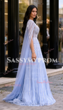 Cap Sleeves Tulle Sheat Column Blue Beading Prom Dress