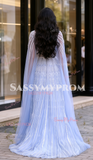 Cap Sleeves Tulle Sheat Column Blue Beading Prom Dress
