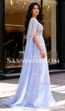 Cap Sleeves Tulle Sheat Column Blue Beading Prom Dress
