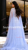 Cap Sleeves Tulle Sheat Column Blue Beading Prom Dress