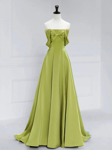 Lime Green Off The Shoulder Ruched Satin Prom Dress