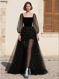 Square Long Sleeve Tulle Black A Line Prom Dress