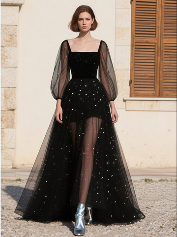 Square Long Sleeve Tulle Black A Line Prom Dress