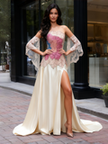 A Line Colorful Beading Sleevevs Sweetheart Satin Prom Dress