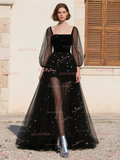 Square Long Sleeve Tulle Black A Line Prom Dress
