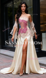 A Line Colorful Beading Sleevevs Sweetheart Satin Prom Dress