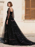 Square Long Sleeve Tulle Black A Line Prom Dress