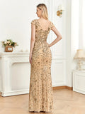 Skinny Sequined Cap Sleeve Gold Sheath Column  Party Dress