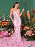 Pink Strapless Mermaid Sequin Prom Party Dress