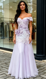 Off The Shoulder A Line Flower Purple Beading Prom Dress