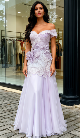 Off The Shoulder A Line Flower Purple Beading Prom Dress