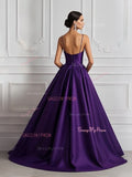 Spaghetti Straps A Line Beading Purple Satin Prom Dress