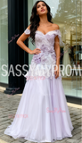 Off The Shoulder A Line Flower Purple Beading Prom Dress