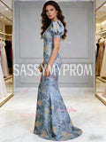 Puffy Sleeve Trumpet Mermaid Blue Lace Scoop Prom Dress