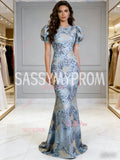 Puffy Sleeve Trumpet Mermaid Blue Lace Scoop Prom Dress