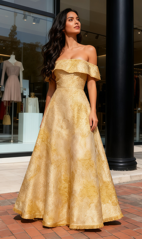 Gold Print Organza A Line Off The Shoulder Prom Dress