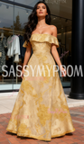 Gold Print Organza A Line Off The Shoulder Prom Dress