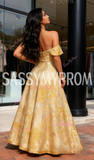 Gold Print Organza A Line Off The Shoulder Prom Dress