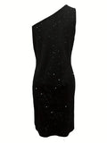 Black Sequin One Shoulder Mini Bodycon Club Dress