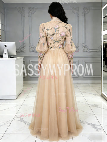 Champagne Floral Long Sleeve High Neck Tulle A Line Prom Dress