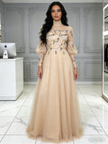 High Neck Tulle Champagne Floral Long Sleeve A Line Prom Dress