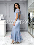 Short Sleeve Appliques Tulle Sheath Column Light Blue Prom Dress
