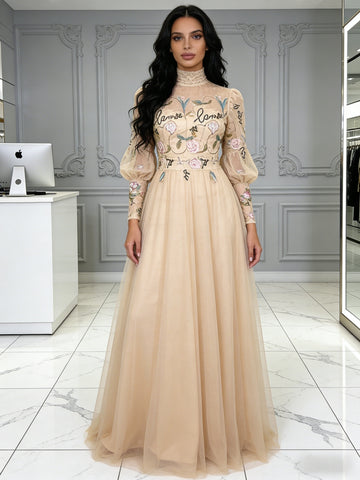 Champagne Floral Long Sleeve High Neck Tulle A Line Prom Dress