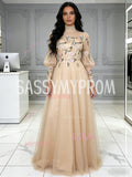 Champagne Floral Long Sleeve High Neck Tulle A Line Prom Dress