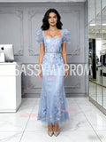 Short Sleeve Appliques Tulle Sheath Column Light Blue Prom Dress