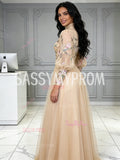 High Neck Tulle Champagne Floral Long Sleeve A Line Prom Dress